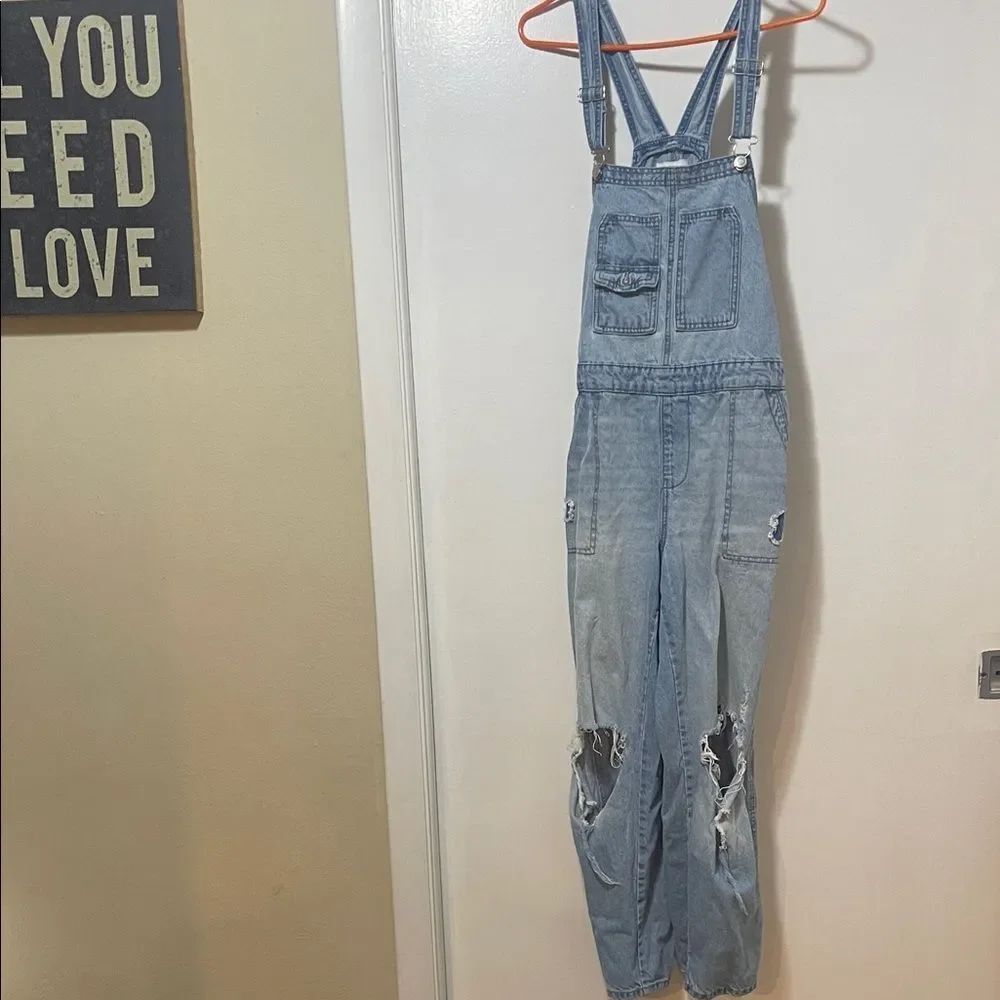 Celebrity Pink Light Blue Denim distressed, overalls, size medium
